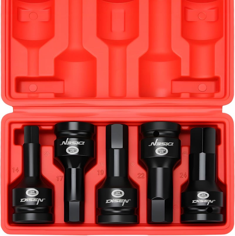 DISEN 3/4 Inch Drive Impact Hex Driver Set, 5-Piece, Metric, 14mm, 17mm, 19mm, 22mm, 24mm, CR-MO Steel, Professional Mechanic Repair 3/4” Hex Socket Set - Image 1